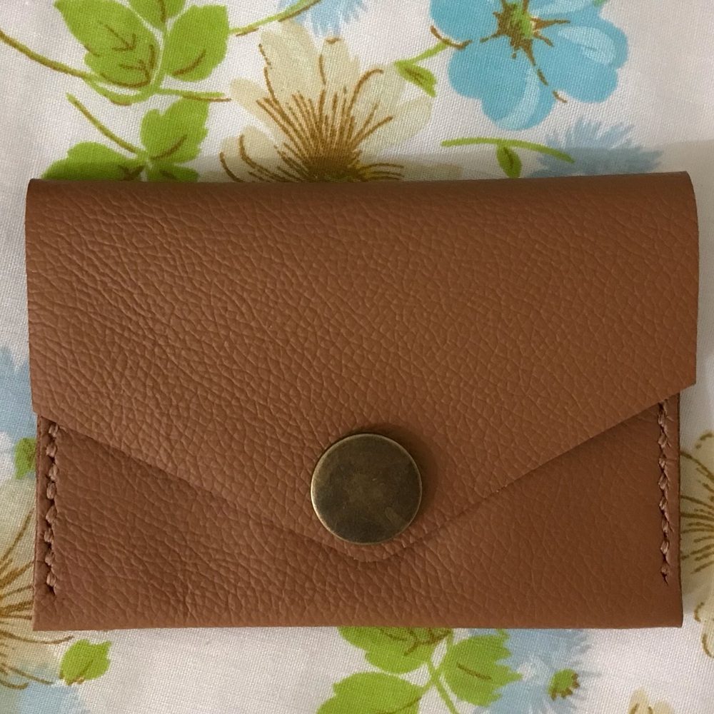 Hand Crafted Tan Leather Card Wallet with Brass Button